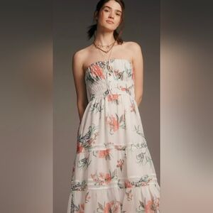 Anthropologie The Somerset Strapless Chiffon Floral Midi Dress